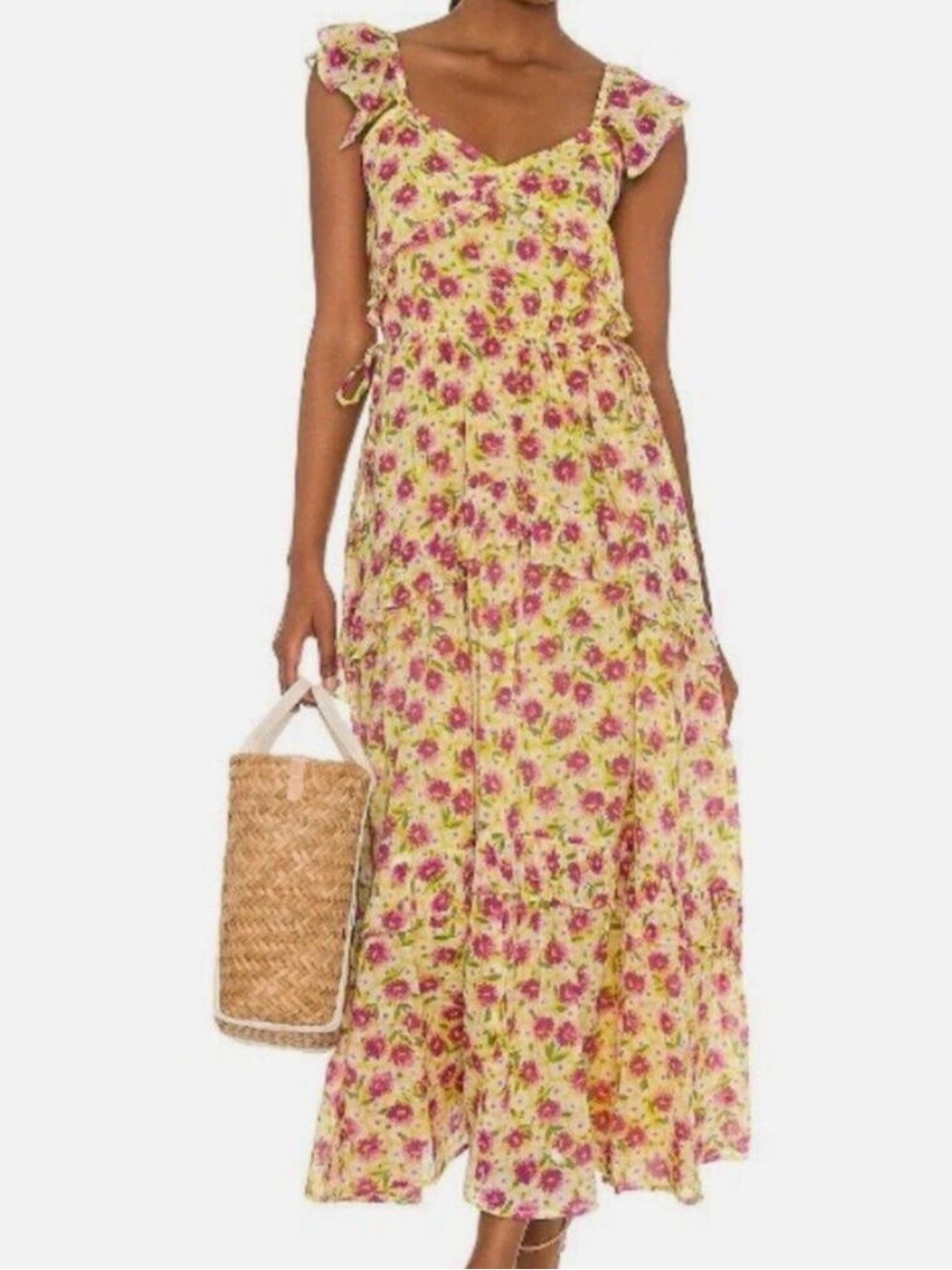 Banjanan Yellow Floral Tiered Ruffle Dress with Pink Blooms